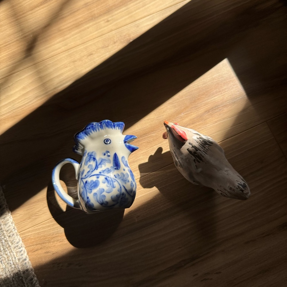 bundle of blue and white rooster mini pitcher and ceramic rooster chicken statue